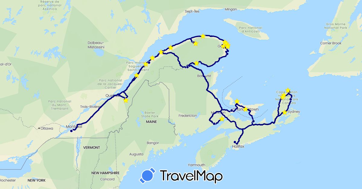 TravelMap itinerary: driving, hiking in Canada (North America)